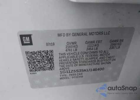 2019 Chevrolet Impala Lt from USA, damaged, VIN 1G11Z5S35KU146400
